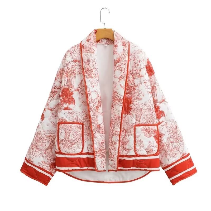 Damen leichte Steppjacke im botanischen Design mit großen Taschen R&B