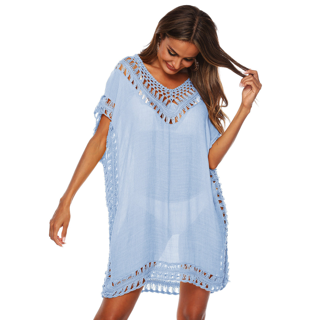 Damen Häkel-Strandüberwurf mit elegantem V-Ausschnitt und fransigen Details R&B