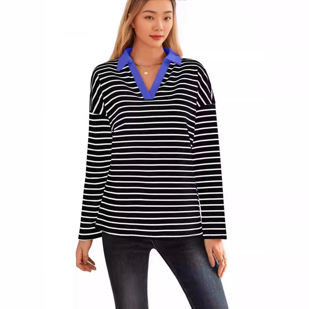 Damen gestreiftes Polo-Shirt mit V-Ausschnitt und kontrastierendem Kragen R&B