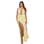 Damen Elegantes Maxikleid mit tiefem V-Ausschnitt und hohem Schlitz EB