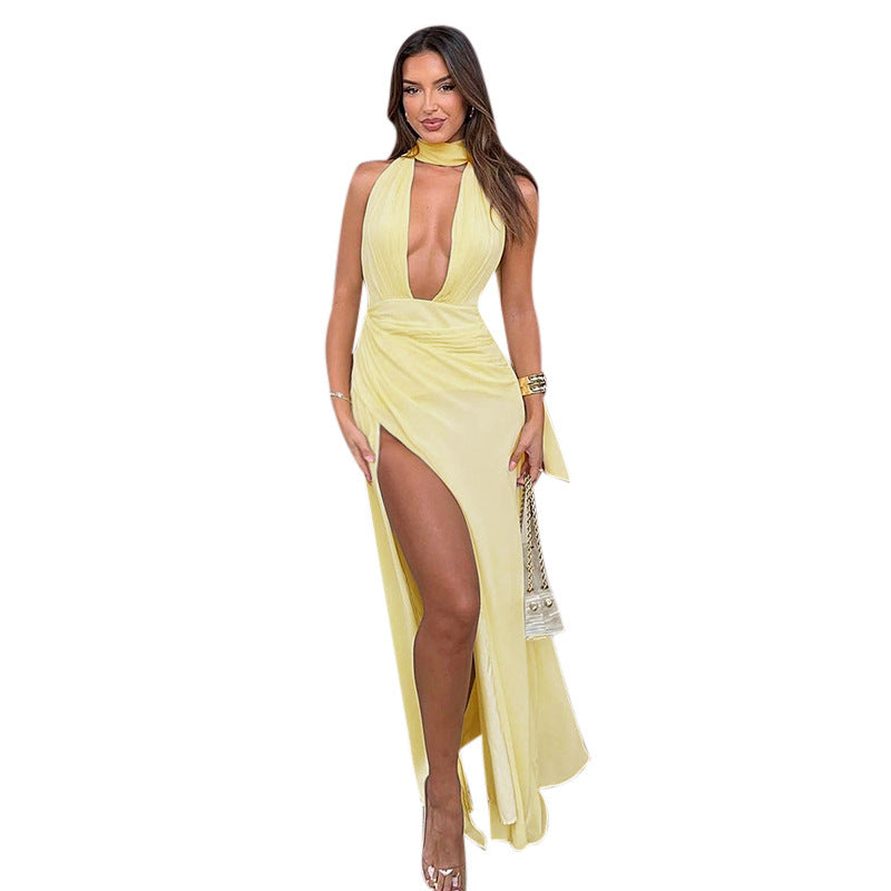 Damen Elegantes Maxikleid mit tiefem V-Ausschnitt und hohem Schlitz EB