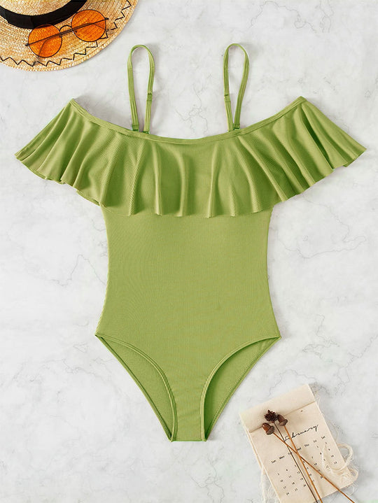 Damen Eleganter Badeanzug mit Volants und schulterfreier Ausschnitt R&B