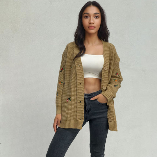 Damen Strickjacke mit floralem Stickdesign R&B