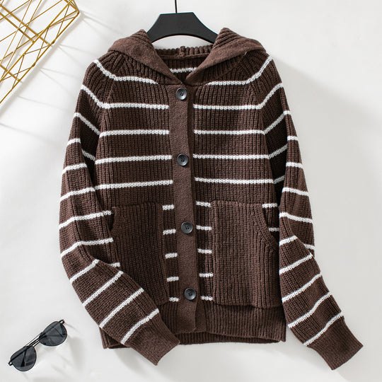 Damen gestreifte Strickjacke mit Kapuze und Taschen R&B