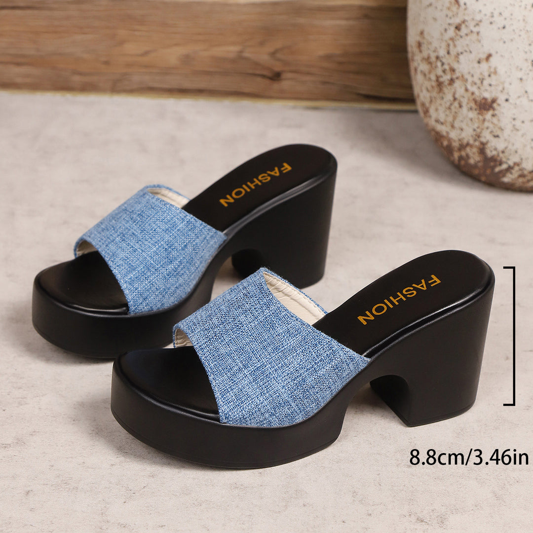 Damen Plateau-Pantoletten mit modischer Denim-Oberfläche und komfortablem Blockabsatz R&B