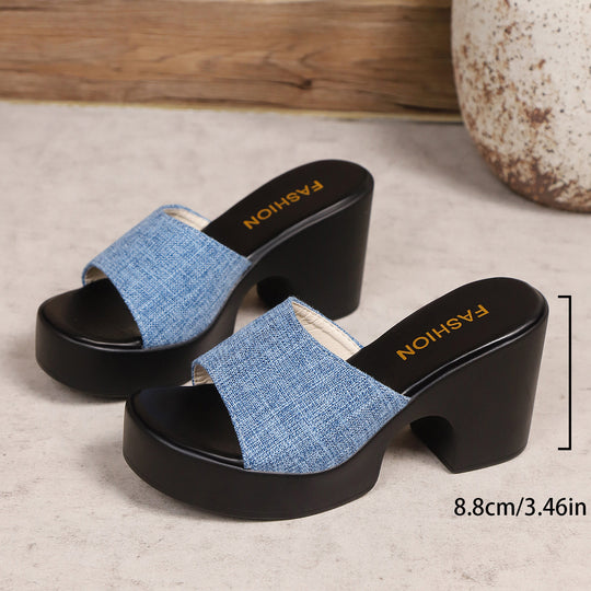 Damen Plateau-Pantoletten mit modischer Denim-Oberfläche und komfortablem Blockabsatz R&B