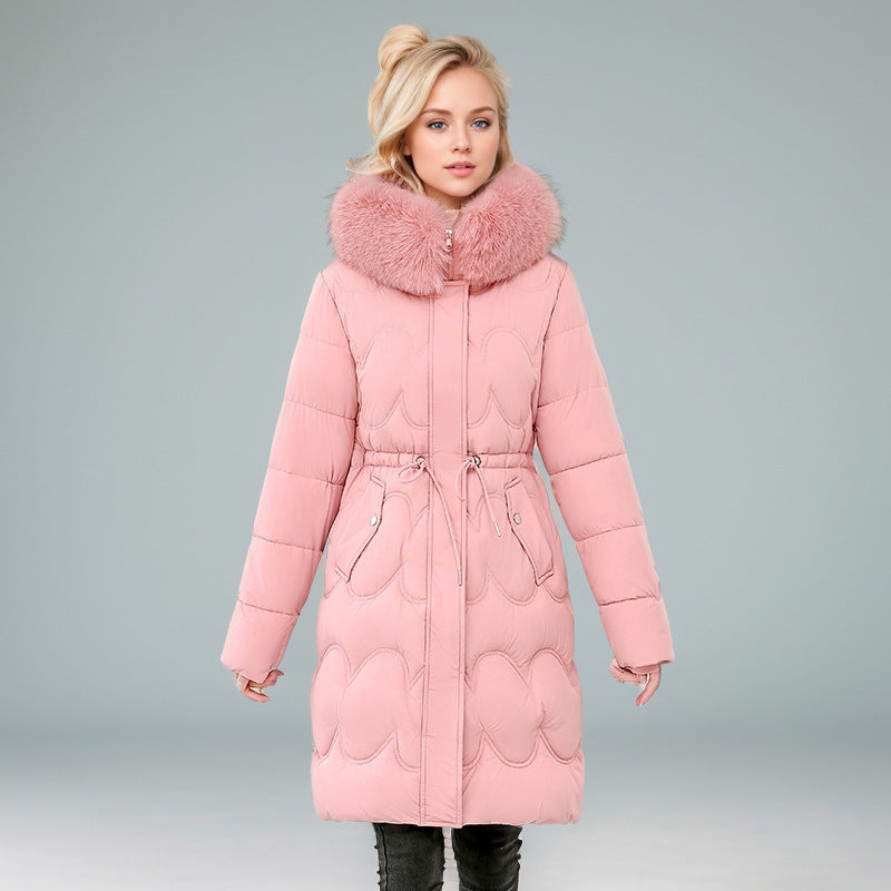 Damen modischer Puffer-Mantel mit abnehmbarem Kunstfellkragen und taillierbarem Gummizug R&B