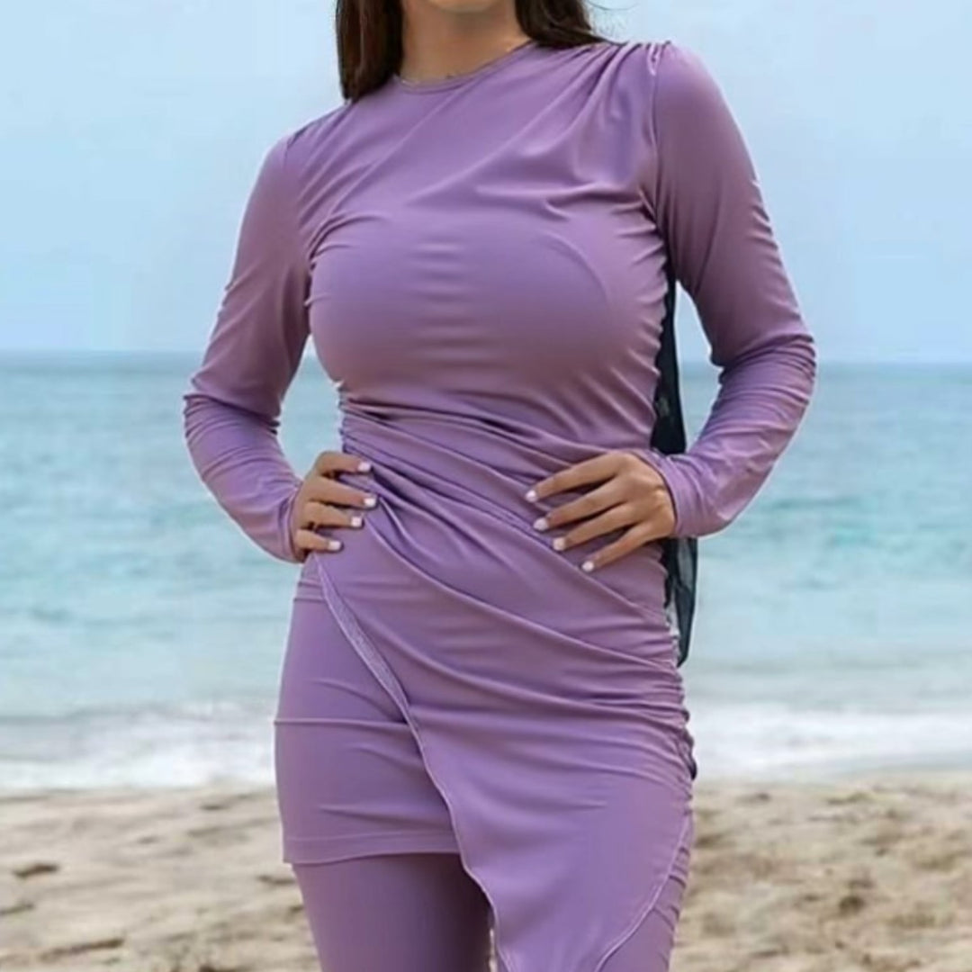 Damen Sportlicher Langarm-Badeanzug mit Wickeldesign R&B