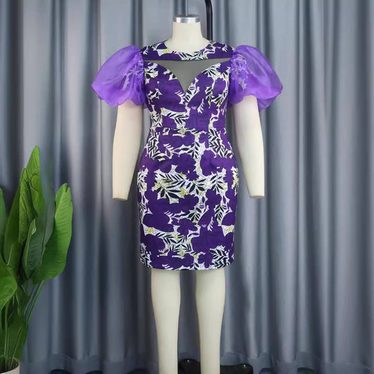 Damen extravagantes Cocktailkleid mit voluminösen Puffärmeln und floralem Muster R&B