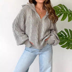 Damen lässiger Strickpullover mit weichem Zopfmuster und praktischer Kapuze R&B