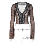 Damen Spitzenbluse mit Leopardenmuster und tiefem V-Ausschnitt R&B
