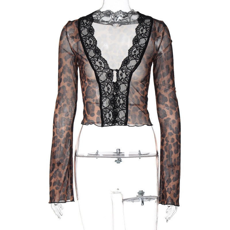 Damen Spitzenbluse mit Leopardenmuster und tiefem V-Ausschnitt R&B
