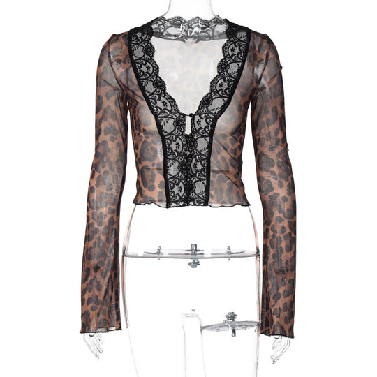 Damen Spitzenbluse mit Leopardenmuster und tiefem V-Ausschnitt R&B
