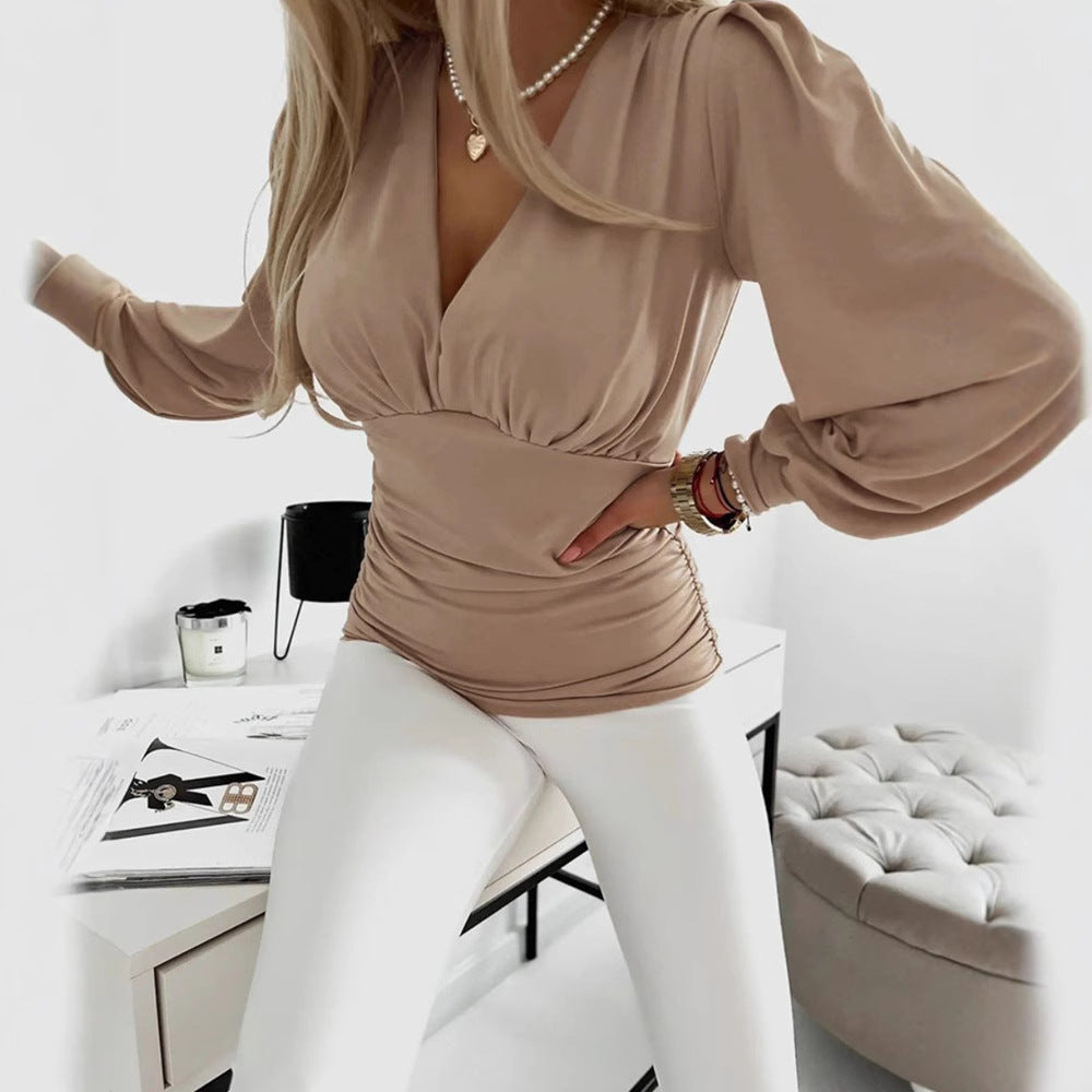 Damen nan drapierte Satinbluse mit Unterbrustnaht, seitlicher Raffung und voluminösen Ballonärmeln R&B