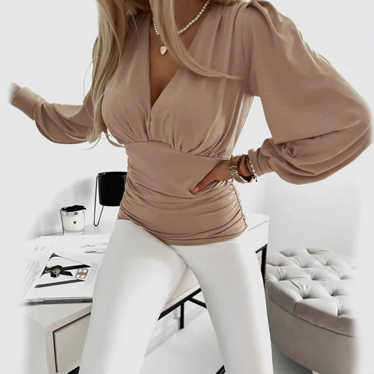 Damen nan drapierte Satinbluse mit Unterbrustnaht, seitlicher Raffung und voluminösen Ballonärmeln R&B