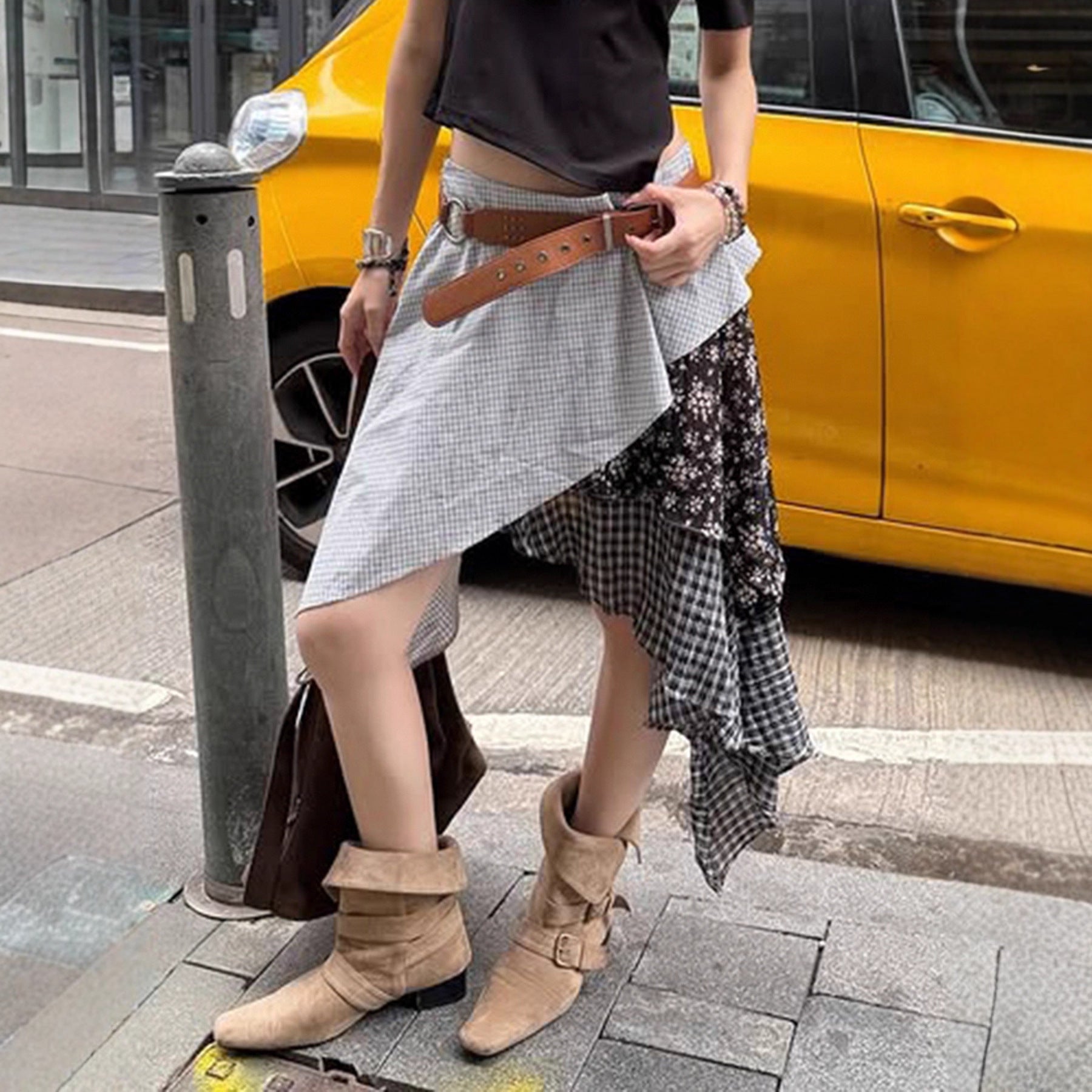 Damen asymmetrischer Rock mit floralen und karierten Mustern R&B