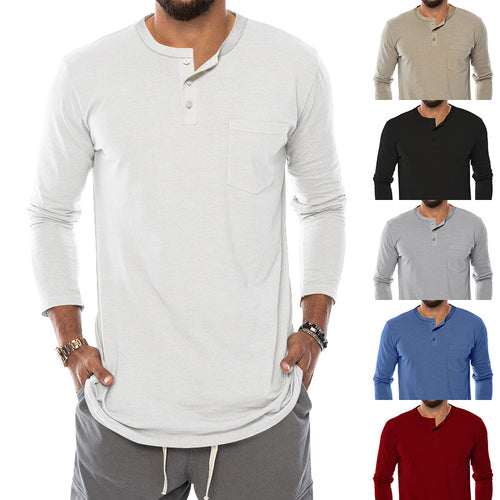 Herren Langarm-Henley-Shirt mit bequemen Knopfdetails und praktischer Brusttasche R&B