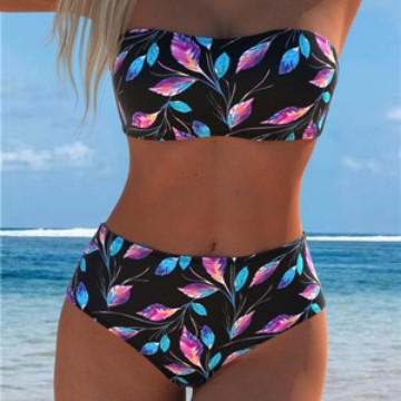 Damen Bandeau-Bikini mit hohem Taillenschnitt und kontrastierendem Blumendesign R&B
