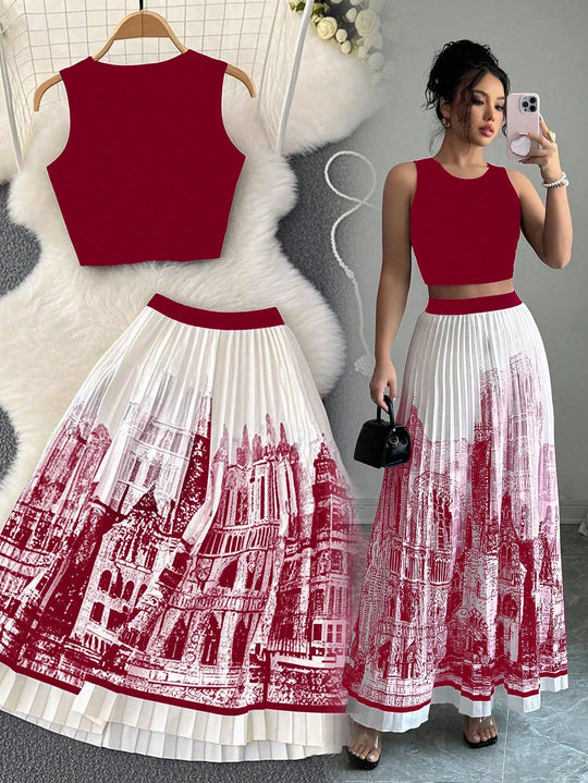 Damen-Set aus ärmellosem Crop-Top und weitschwingendem Maxirock im urbanen Design R&B