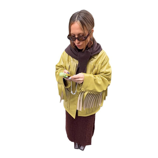 Damen Kunstlederjacke mit Fransen und praktischen Taschen R&B
