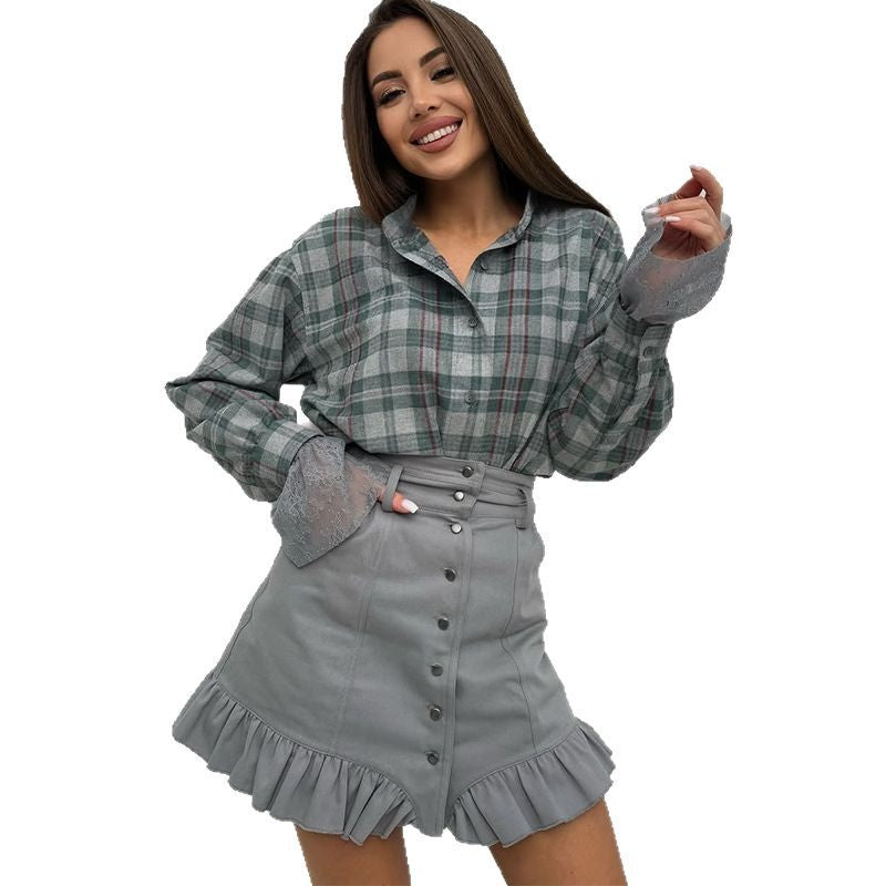 Damen modische Bluse mit Spitzenärmel und Rüschenrock R&B