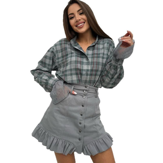Damen modische Bluse mit Spitzenärmel und Rüschenrock R&B