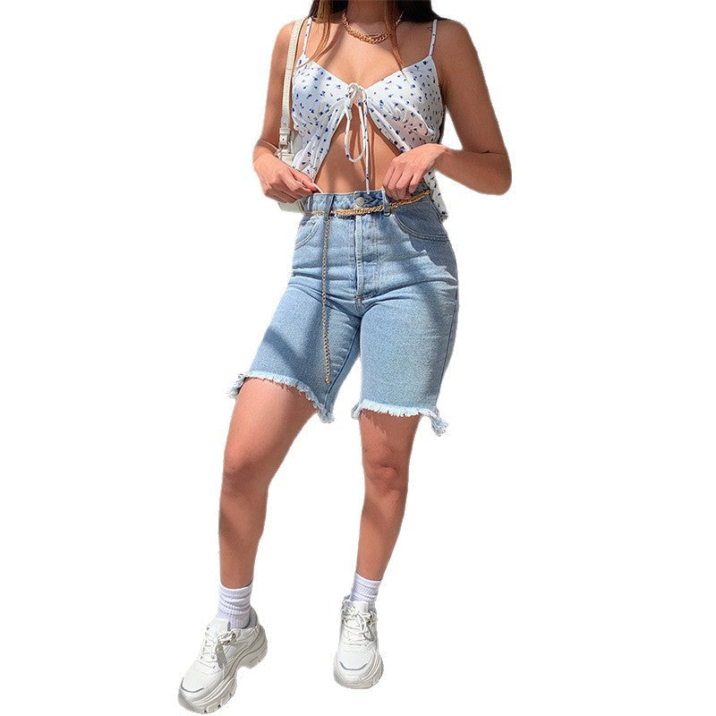 Damen Denim-Shorts im modernen High-Waist Schnitt mit fransigen Säumen R&B