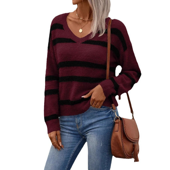 Damen V-Ausschnitt Pullover mit breiten Streifen und kuscheligem Material R&B