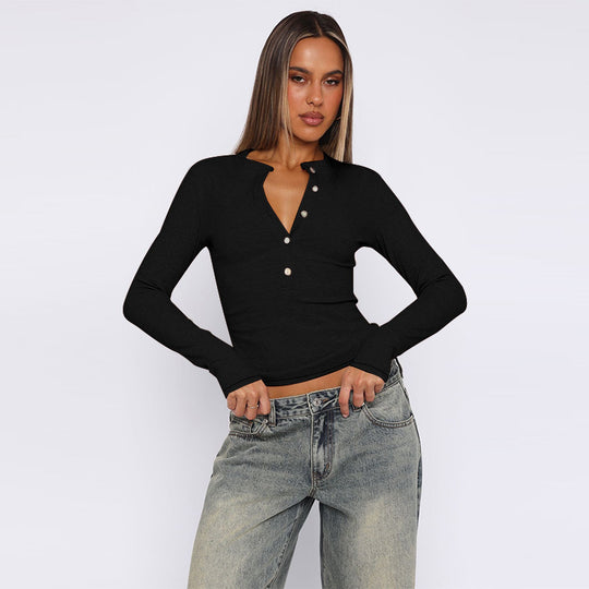 Damen Langarmshirt mit Knopfleiste und figurbetontem Schnitt R&B