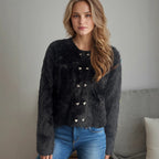 Damen flauschige Strickjacke mit herzförmigen Knöpfen und lockerer Passform R&B