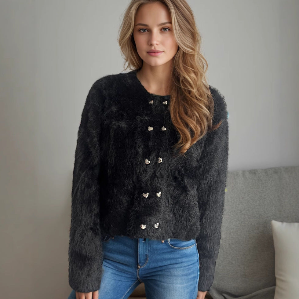 Damen flauschige Strickjacke mit herzförmigen Knöpfen und lockerer Passform R&B