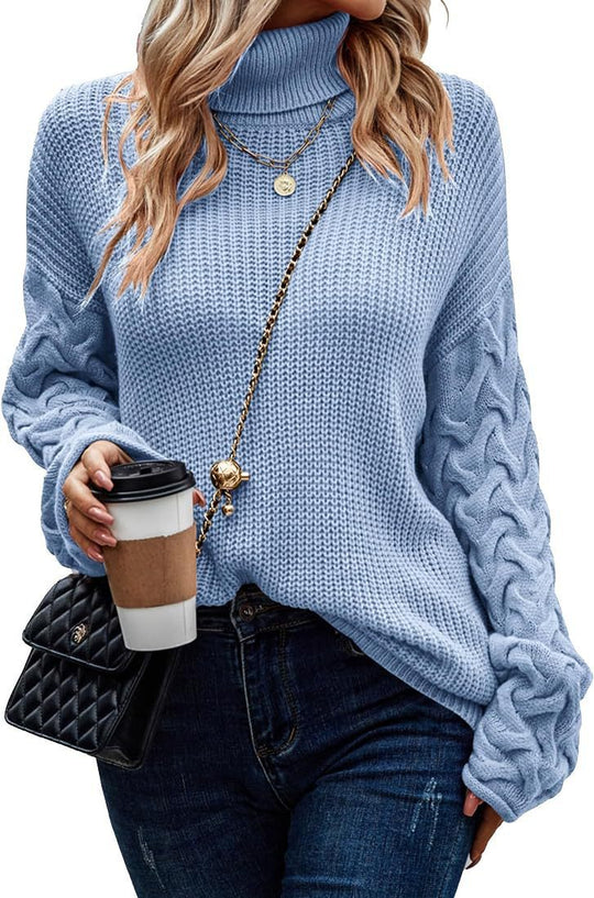 Damen Grobstrickpullover mit modernem Zopfdesign und hohem Kragen R&B