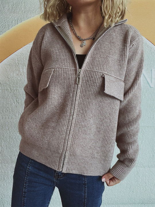 Damen lässige Strickjacke mit praktischen Taschen und hohem Kragen R&B