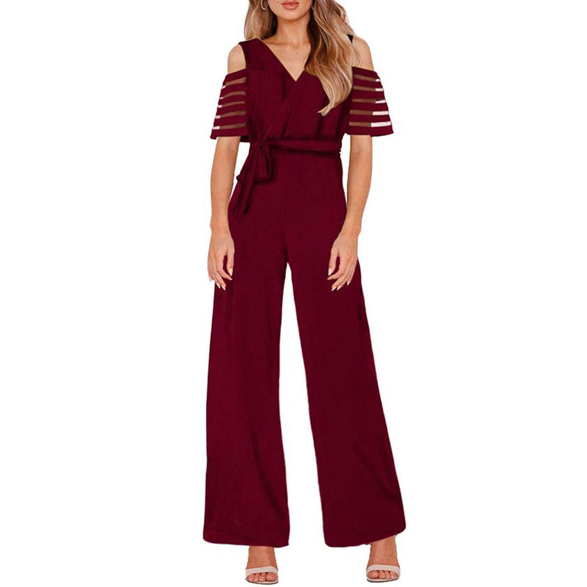Damen Eleganter Jumpsuit mit transparenten Ärmel-Details und Taillengürtel R&B