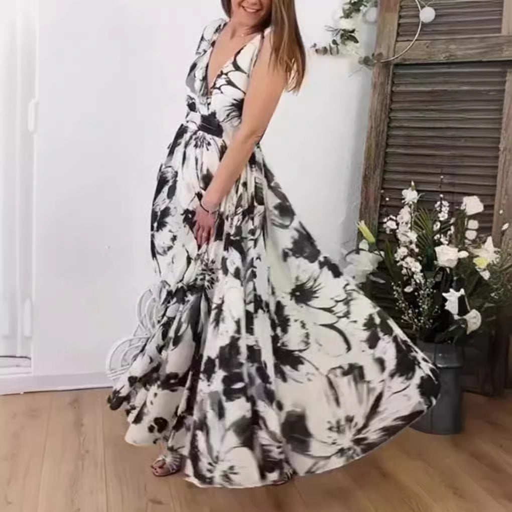 Damen Maxikleid mit voluminösem Rock und tiefem V-Ausschnitt Heidi-Mode