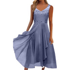 Damen nan A-Linien-Chiffonkleid mit floralem Stickoberteil, V-Ausschnitt, drapiertem Godet-Schwung und verdeckten Seitentaschen R&B