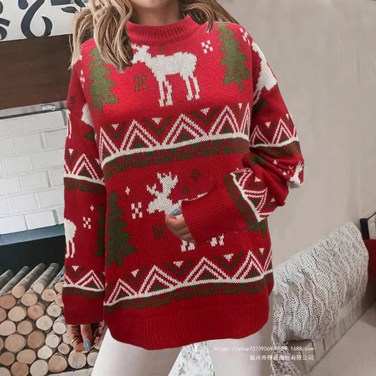 Damen Gemütlicher Weihnachts-Pullover mit festlichem Motiv und hoher Passform R&B