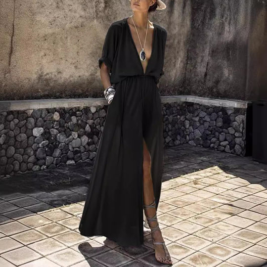 Damen Elegantes Maxikleid mit tiefem V-Ausschnitt und hohem Schlitz R&B