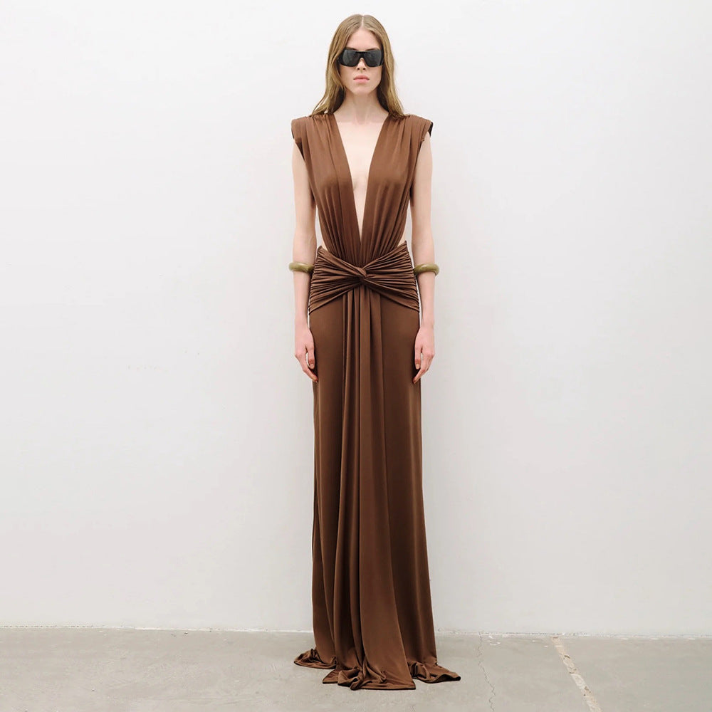 Damen elegantes Maxikleid mit tiefem V-Ausschnitt und drapiertem Bund R&B