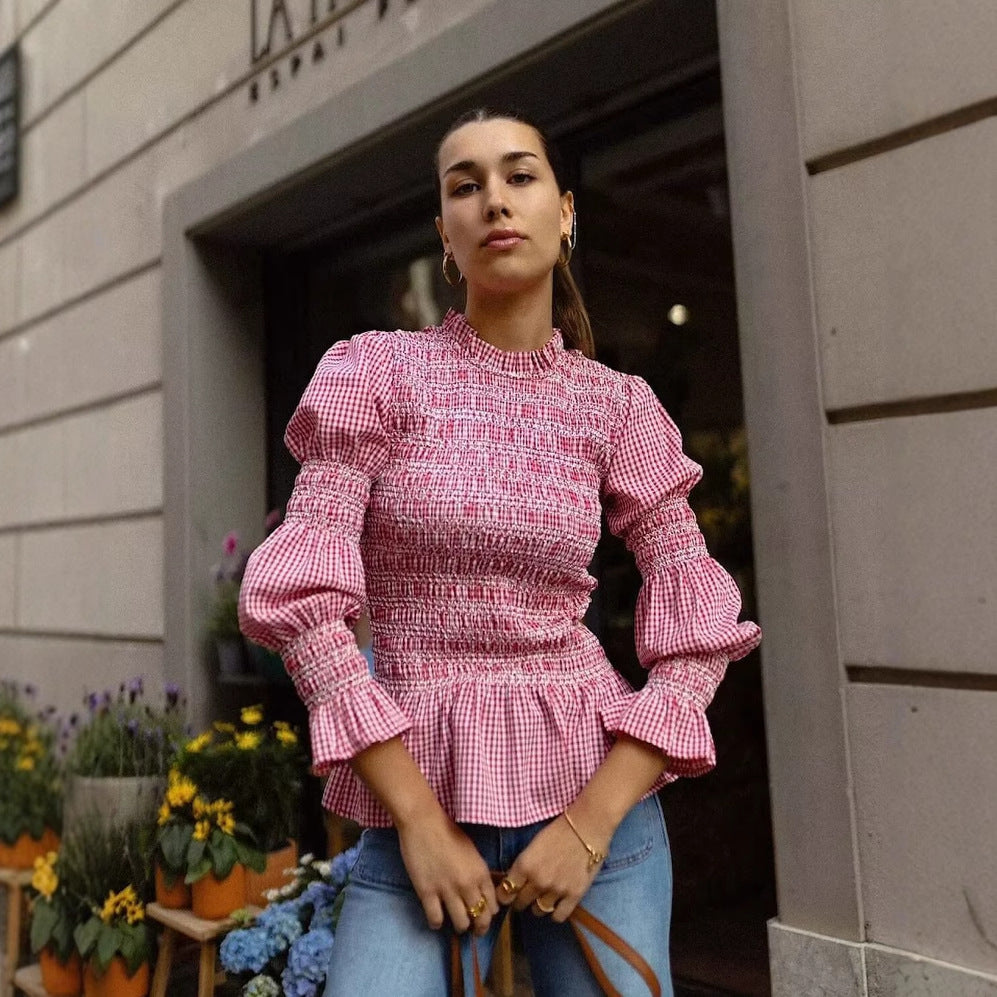 Damen Rüschenbluse mit Gingham-Muster und eleganten Puffärmeln R&B