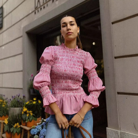 Damen Rüschenbluse mit Gingham-Muster und eleganten Puffärmeln R&B