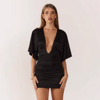 Damen Mini-Raffkleid mit tiefem V-Ausschnitt und fließenden Ärmeln R&B