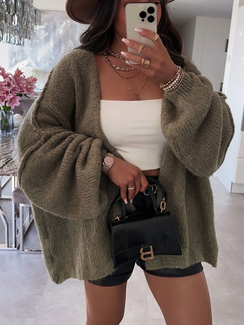Damen oversized Strickjacke mit lässigen Ballonärmeln und strukturiertem Material R&B