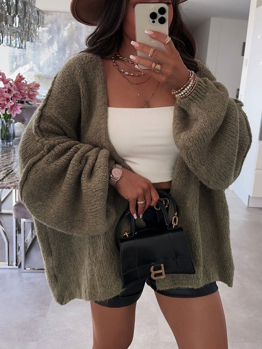 Damen oversized Strickjacke mit lässigen Ballonärmeln und strukturiertem Material R&B