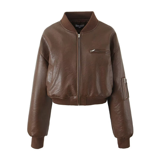 Damen cropped Kunstlederjacke mit Reißverschluss und praktischen Taschen R&B