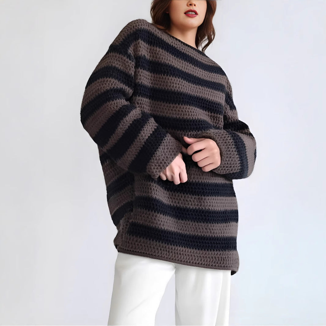 Damen lässiger Strickpullover mit kontrastierenden Streifen und weitem Schnitt R&B