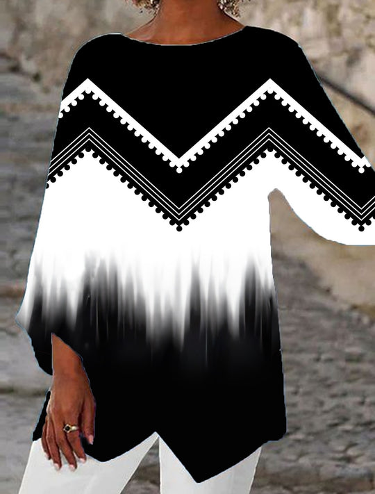 Damen Oversize-Bluse mit modernem Chevron-Muster und Bumerangärmeln R&B