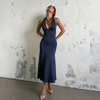 Damen elegantes Maxikleid mit tiefem V-Ausschnitt und raffiniertem Schleifendetail R&B