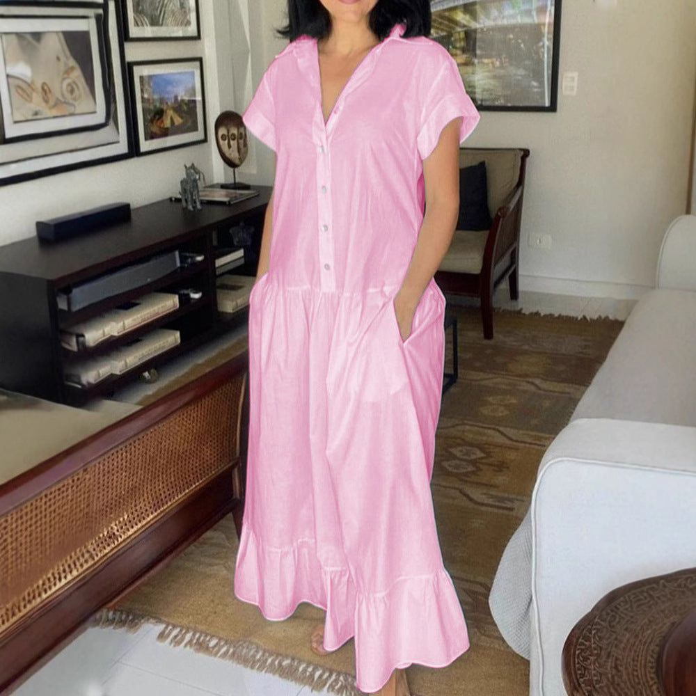 Damen Lässiges Knopfkleid mit Taschen und Rüschensaum R&B