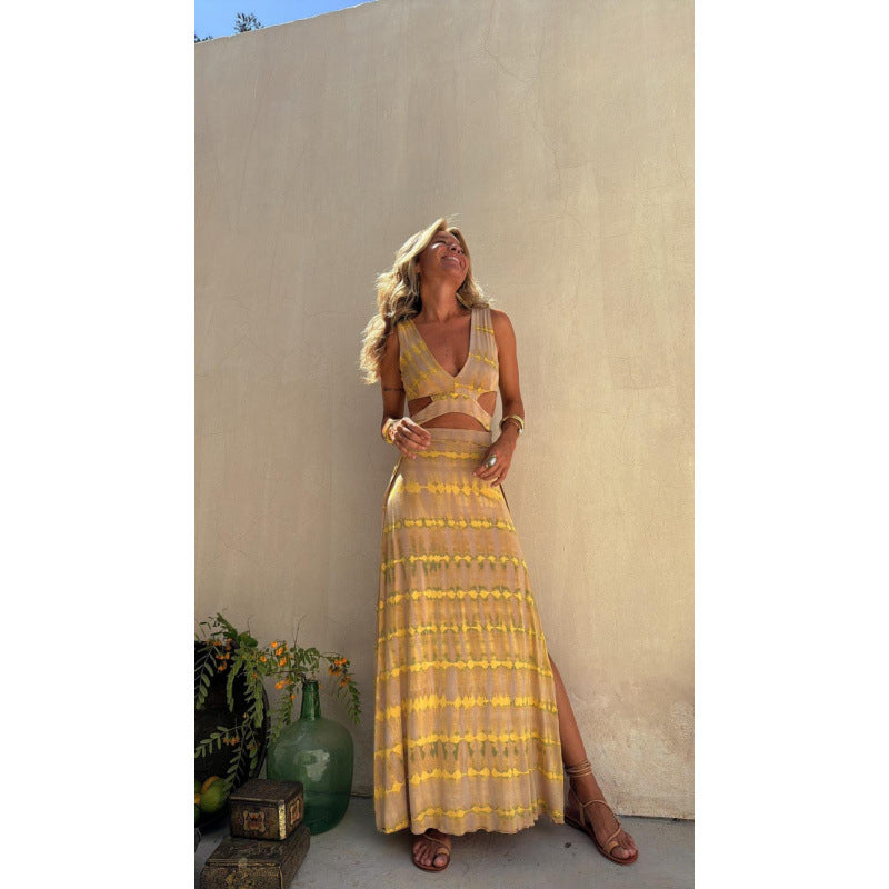 Damen Lang kleid mit tiefem V-Ausschnitt und modischem Cut-Out R&B